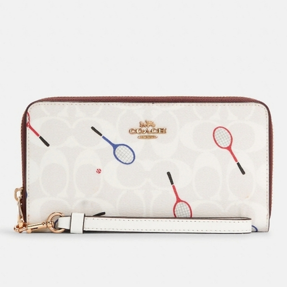NWT Coach Long Zip Around Wallet In Signature Monogram With Racquet Print